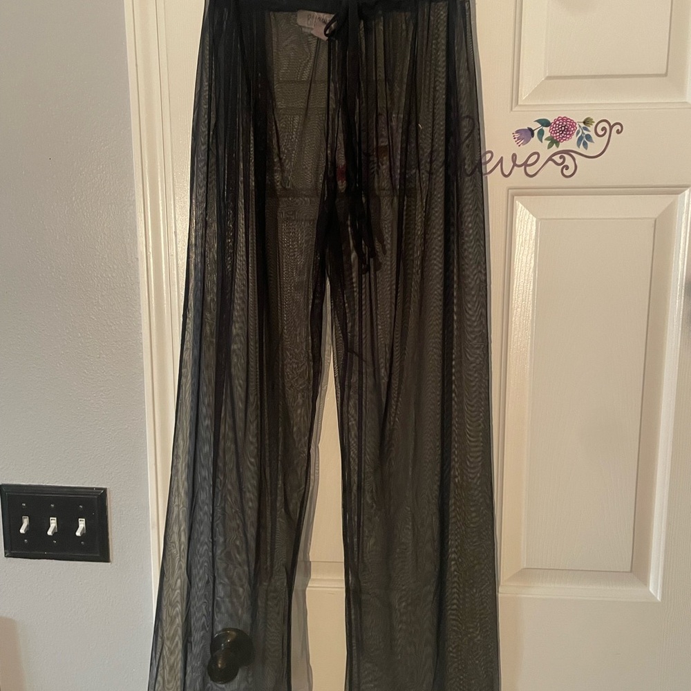 Elegant Black Extra  Draw String Sheer Swim Coverup Wide Leg Pants